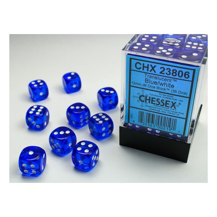 Chessex CHX23806 Translucent Blue/white D6 12mm Dice Set (36 Dice)