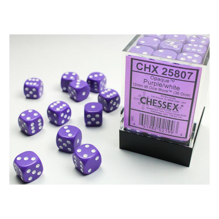 Chessex CHX25808 Opaque Black/White D6 12mm Dice Set (36 pcs)
