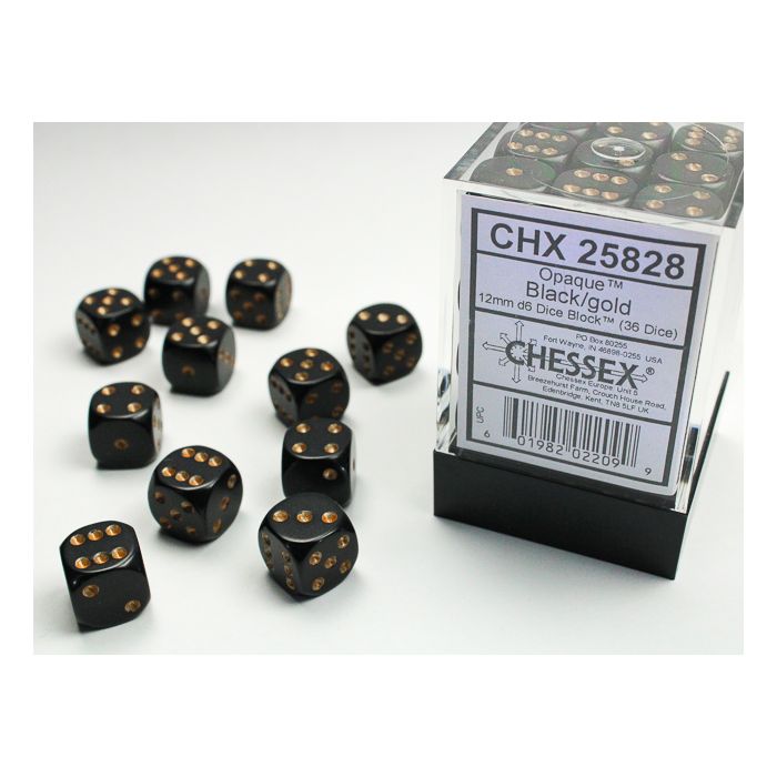 Chessex CHX25828 Opaque Black/Gold Dice Set D6 12mm (36pcs)