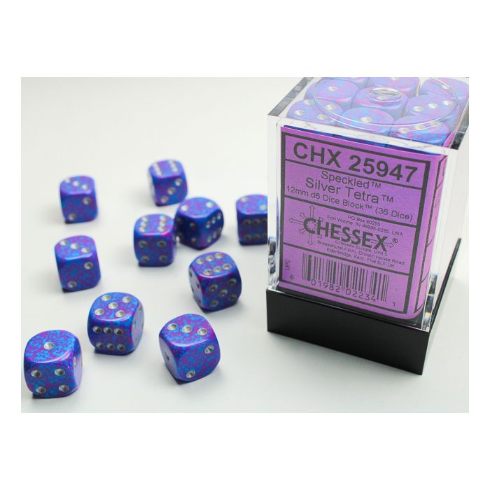 Chessex CHX25947 Speckled Silver Tetra D6 12mm Dice Set (36 pcs)