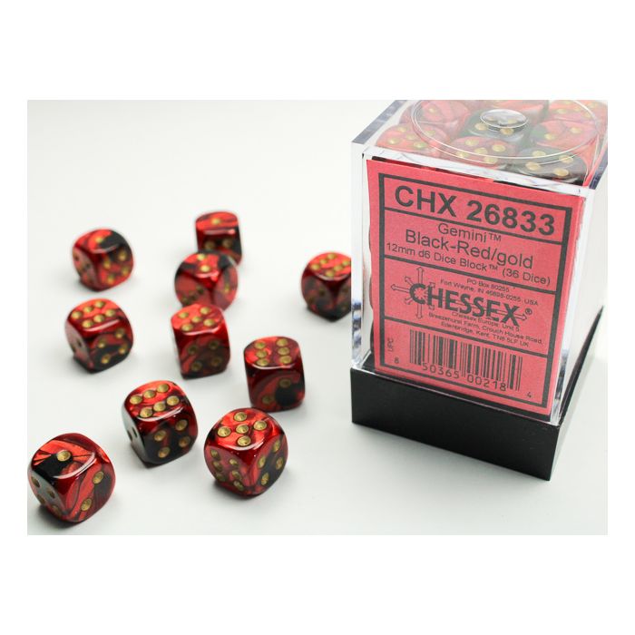 Chessex CHX26833 Gemini Black-Red/Gold D6 12mm Dice Set (36 pcs)