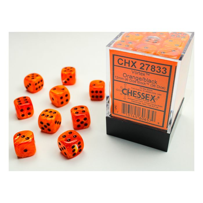 Chessex CHX27833 D6 Vortex Dice Set Orange/Black 12mm (36pcs)