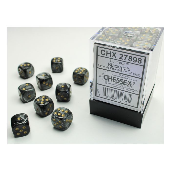 Chessex CHX27898 D6 Lustrous Black/Gold Dice Set 12mm (36pcs)
