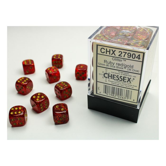Chessex CHX27904 D6 Glitter Ruby/gold Dice Set 12mm (36pcs)