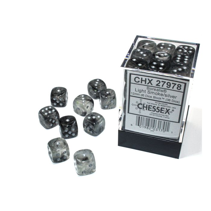 Chessex CHX27978 Borealis Light Smoke/Silver Luminary Dice Set 12mm d6 (36pcs)