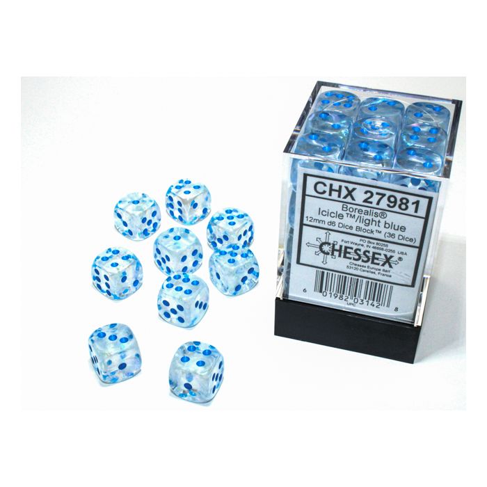 Chessex CHX27981 Borealis Icicle/Light Blue Luminary Dice Set 12mm d6 (36pcs)