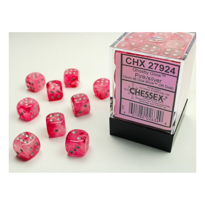 Chessex CHX27924 D6 Ghostly Glow Pink/Silver Dice Set 12mm (36pcs)