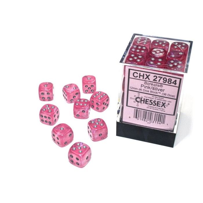 Chessex CHX27984 Borealis Pink/Silver Luminary Dice Set 12mm d6 (36pcs)
