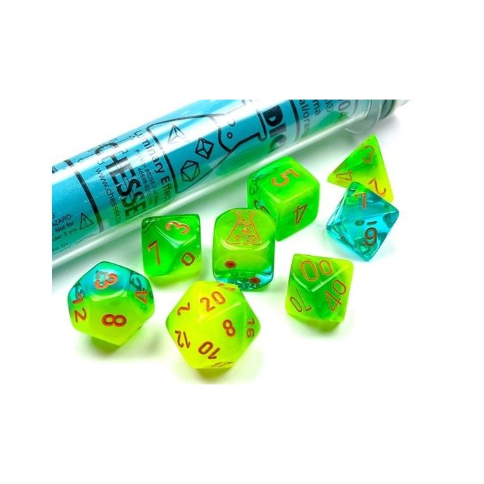 Chessex CHX30048 Lab Dice Gemini Plasma Green-Teal/Orange  (polyhedral 7-die set)
