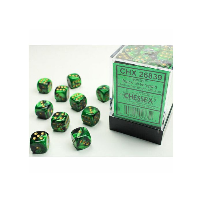 Chessex CHX26839 Gemini Black-Green/Gold D6 12mm Dice Set (36 pcs)